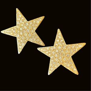 Vintage Signed TARA 1980’s Large Star Gold Tone Rhinestones Clip On Earrings